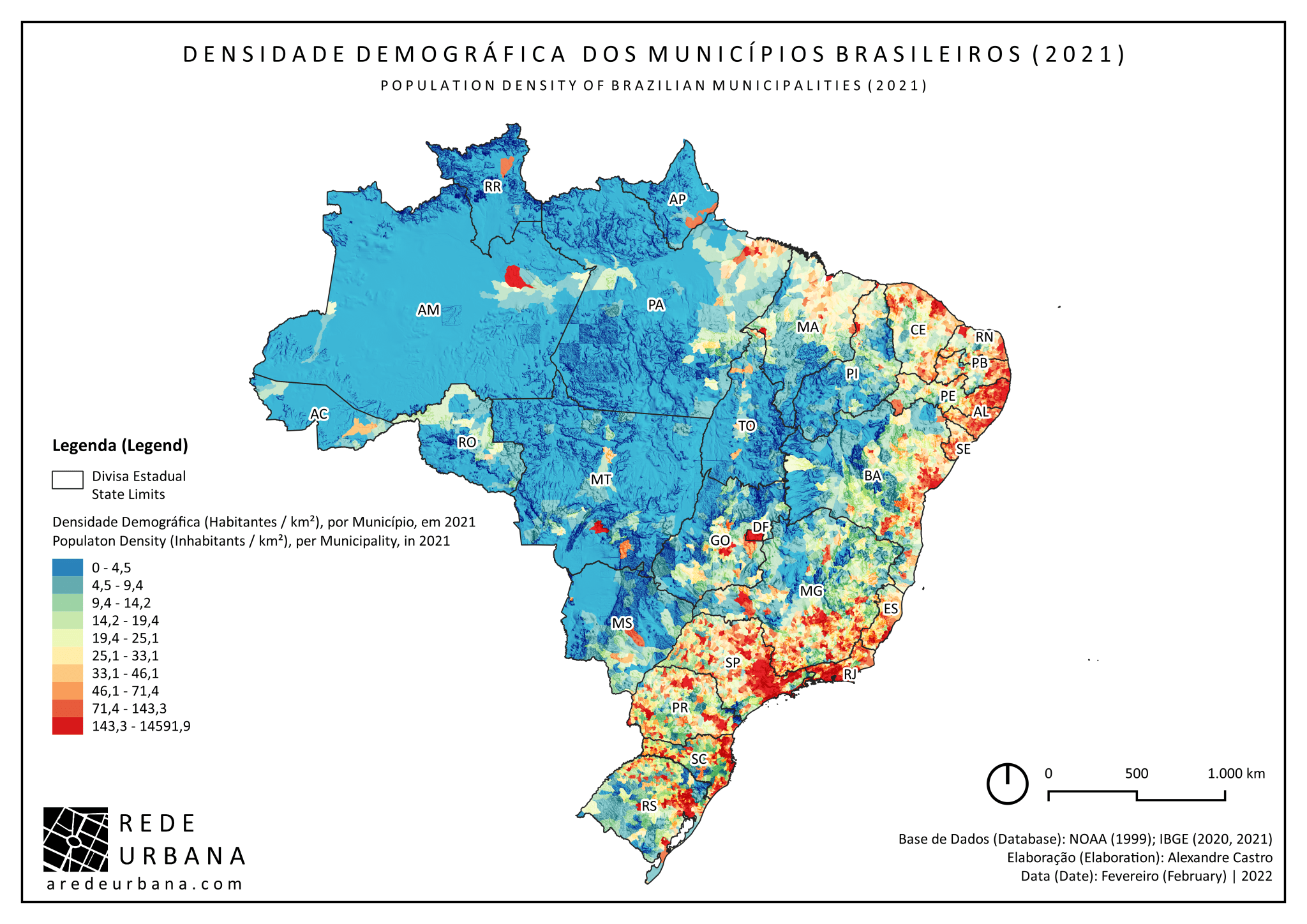 Mapa da População e Densidade Demográfica dos Municípios do Brasil (2021)