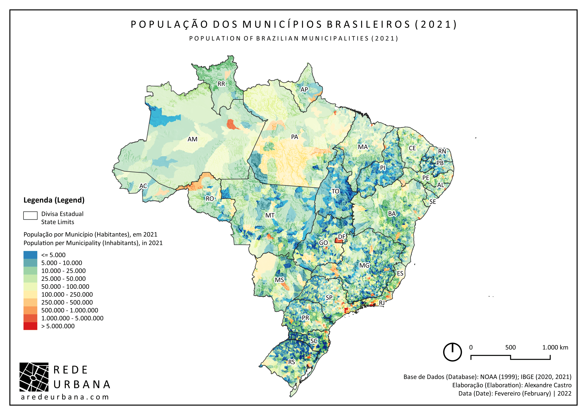Mapa da População e Densidade Demográfica dos Municípios do Brasil (2021)