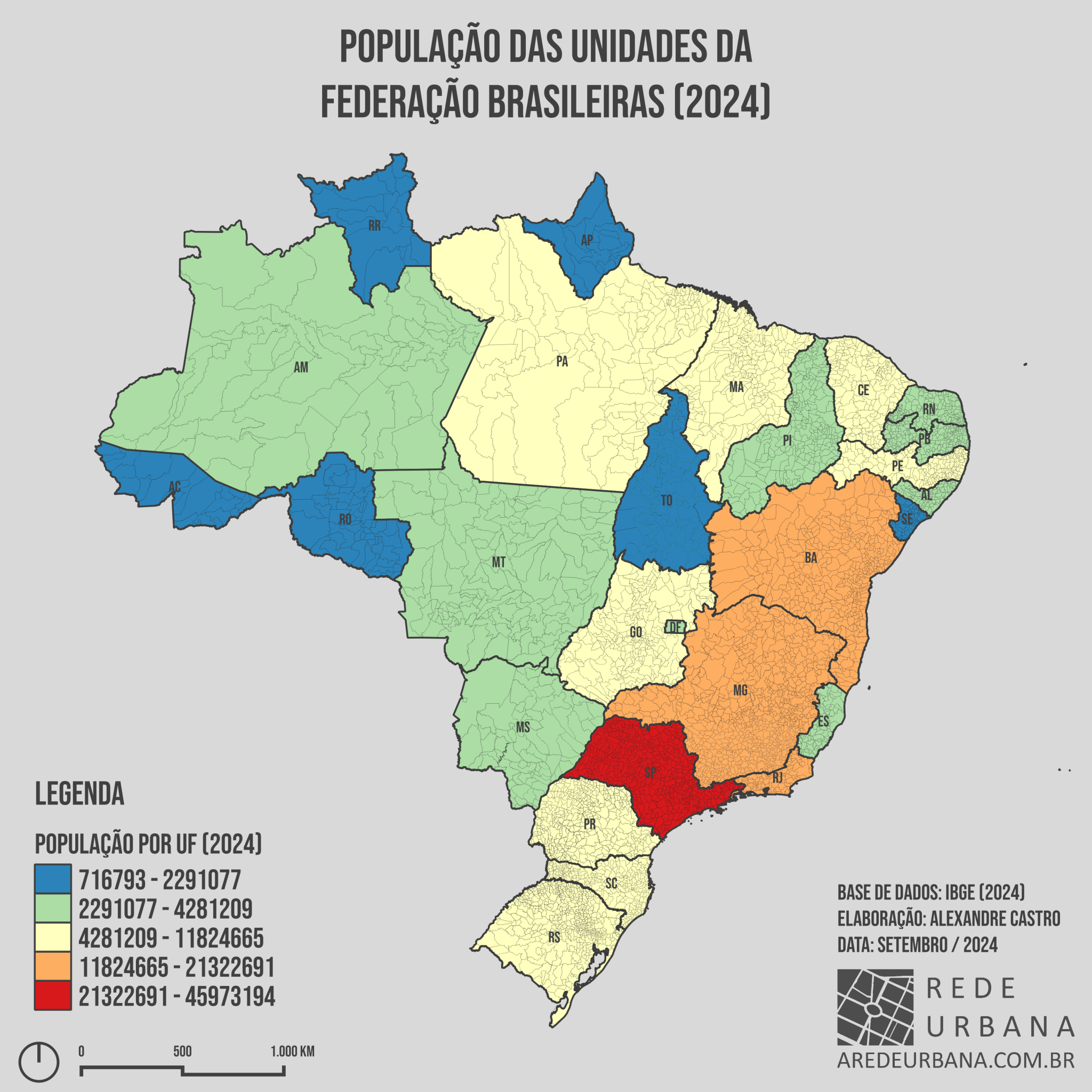 Mapa da População das Unidades da Federação Brasileiras em 2024